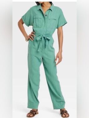 Universal Thread Mint Green Short-Sleeve Linen-Blend Jumpsuit